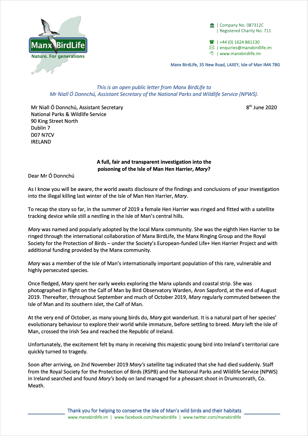 Open public letter to Mr Niall Ó Donnchú NWPS re the illegal poisoning of Mary page 1
