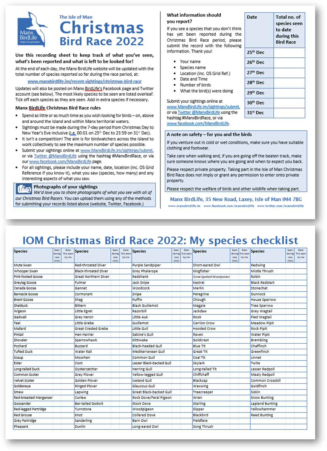 Manx BirdLife Christmas Bird Race Species Checklist 2022